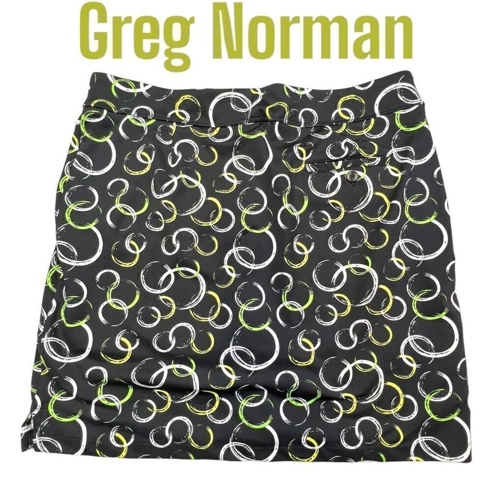 Greg Norman Skort Skirt Women's Large Black Green Circle Print Knit Stretch Golf